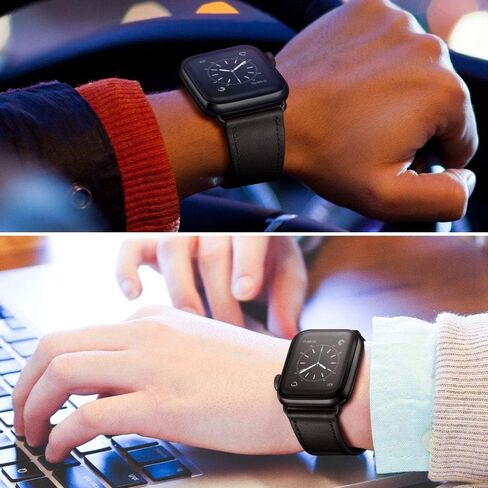OUHENG Leather Bands Compatible with Apple Watch Band 49mm/46mm/45mm/44mm/42mm, Genuine Leather Strap Compatible with iWatch Ultra 3/2/1 & Series 11/10/9/8/7/6/5/4/3/2/1 & SE3 SE2 SE, Black/Black in Saudi Arabia