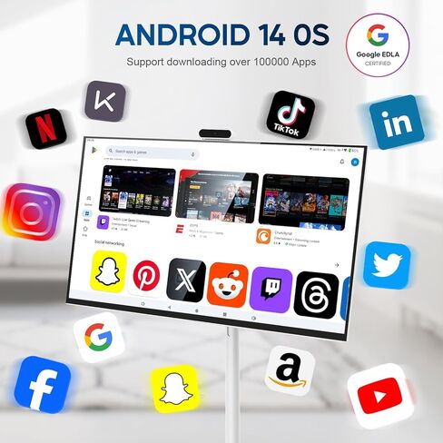 تلفزيون ذكي محمول مقاس 32 بوصة بدقة 4K، وحدة معالجة مركزية Qualcomm، معتمد من EDLA، بطارية مدمجة بقدرة 20000 مللي أمبير في الساعة، 8+128 جيجابايت، نظام تشغيل Android، شاشة لمس دوارة على العجلات، ماوس هوائي عن بعد، مع كاميرا ويب بدقة 5 ميجابكسل in Kuwait