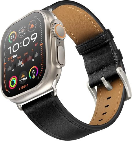 OUHENG Leather Bands Compatible with Apple Watch Band 49mm/46mm/45mm/44mm/42mm, Genuine Leather Strap Compatible with iWatch Ultra 3/2/1 & Series 11/10/9/8/7/6/5/4/3/2/1 & SE3 SE2 SE, Black/Black in Saudi Arabia