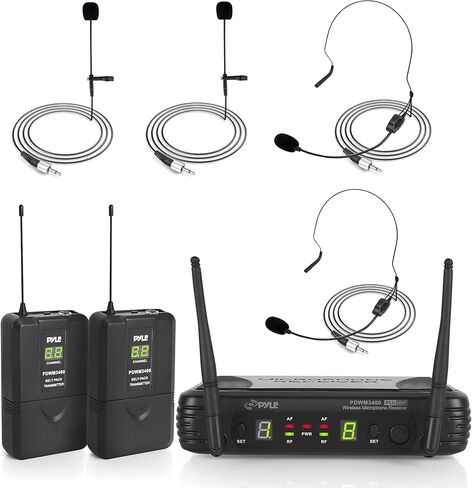 Pyle 2 Channel Wireless Microphone System - Portable UHF Digital Audio Mic Set with 2 Headset, 2 Lavalier lapel, 2 Transmitter, ¼’’ cable, power adapter - For Karaoke, PA, DJ, - PDWM3400,Black in Saudi Arabia