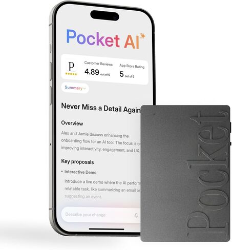 مسجل صوت Pocket AI ومساعد ذكي - النسخ التلقائي والملخصات وعناصر العمل - مسجل ملاحظات AI للاجتماعات والمكالمات والإنتاجية - رمادي فضائي in Kuwait