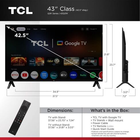 TCL 43" Class Q3K Series 1080P Full HD QLED, HDR 10, HVA Panel, Motion Rate 120, 60Hz, Bluetooth, FullView + Free Wall Mount (2025) (Renewed) in Saudi Arabia