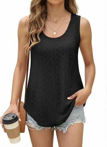 Womens Tank Tops Sleeveless Eyelet Embroidery Scoop Neck Loose Fit Casual Summer Flowy in Saudi Arabia