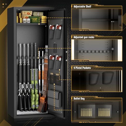INTERGREAT 14-16 بندقية آمنة، بندقية كبيرة آمنة للبنادق والمسدسات، بندقية الوصول السريع آمنة مع 3 رفوف بندقية قابلة للإزالة و 4 جيوب مسدس، خزانة بندقية رقمية مع إنذار مزدوج ووضع كتم الصوت in Kuwait