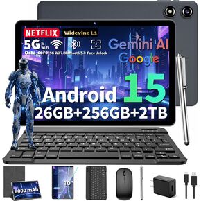 2026 10 Inch Tablet, Android 15 Tablet with Keyboard, 24GB RAM + 256GB ROM (2TB Expand), Tablets PC with 8-Core, Gemini AI, 5G WiFi, 8000mAh, BT5.0,GPS, 2-in-1 Tablets with Mouse, Case, Stylus (Black) in Saudi Arabia
