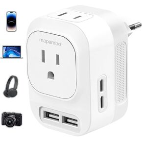 محول الجهد الكهربي من الولايات المتحدة إلى أوروبا مع منفذي USB A و2 USB C للشحن السريع، محول 220 فولت إلى 110 فولت لمجموعة محول الطاقة للسفر الأوروبي لألمانيا وفرنسا وإيطاليا وإسبانيا (أبيض) in Kuwait