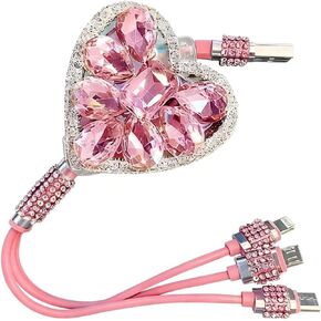 Pink Car Accessories, 3-in-1 Retractable Charging Cable with Rhinestone Heart Design, Multi-USB Cable for Cell Phone, Bling Pink Accessories for Car Office Travel (Pink) in Saudi Arabia