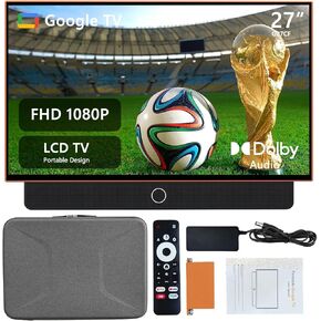 27 inch Portable TV FHD 1080P Android14 OS with Google TV,9000mAh Battery,Dolby Audio,100%sRGB,Google Assistant,Leather Handle,Streaming Android TV with Carry Case for Outdoor Travel Camping,White in Saudi Arabia