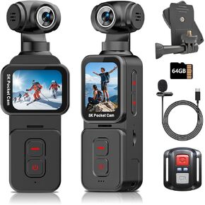 5K Body Camera, Motorized Rotatable Lens, Auto Face Tracking, POV Vlogging Action Cam with Clip, Mic, Remote, 64GB TF Card Included in Saudi Arabia