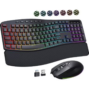 COLIKES Ergonomic Wireless Keyboard and Mouse Silent, Rechargeable Wave Keyboard with 15 Lighting RGB Backlit Effects, Soft Leather Wrist Rest, 3200 DPI Mouse for PC Computer Laptop Windows Mac in Saudi Arabia