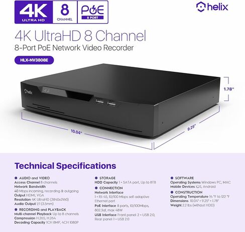 نظام كاميرا مراقبة Helix 5MP POE خارجي، 8CH POE NVR، كاميرا واحدة بدقة 5 ميجابكسل، كاميرا IP رصاصة معدنية IP66، ميكروفون مدمج، القرص الصلب غير متضمن، HLX-NV3808E-B102EW-AI1 in Kuwait