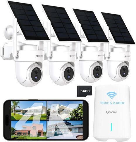 نظام كاميرا أمان منزلي بالطاقة الشمسية، مجموعة كاميرات مراقبة UCOCARE 4K/8MP لاسلكية خارجية مع محطة، تغطية واي فاي 300 متر، بدون اشتراك، تخزين محلي 64 جيجابايت، تتبع 360 درجة، واي فاي 2.4 و5 جيجا هرتز، مجموعة 4 كاميرات in Kuwait