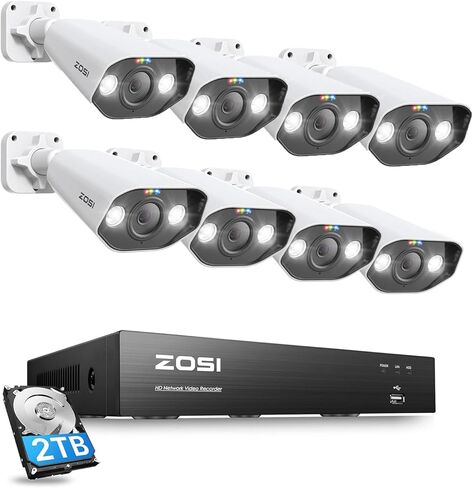 ZOSI 4K Spotlight PoE Security System: 16CH 8MP NVR with 2TB HDD, 4X 5MP Outdoor Cameras + 4X 5MP Add-on Cameras, Human/Vehicle Detection, 2-Way Audio, Color Night Vision. in Saudi Arabia