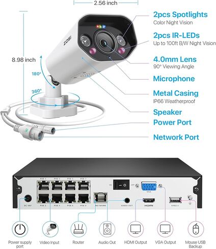 ZOSI 4K Spotlight PoE Security System: 16CH 8MP NVR with 2TB HDD, 4X 5MP Outdoor Cameras + 4X 5MP Add-on Cameras, Human/Vehicle Detection, 2-Way Audio, Color Night Vision. in Saudi Arabia
