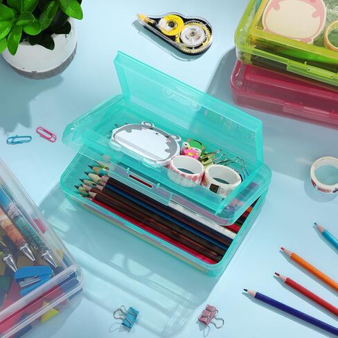 12 Pcs Clear Double Layer Large Capacity Pencil Box, Plastic Hard Pencil Case with Snap Lid, Crayon Storage Stackable Box for School Classroom Home Office Supplies(Transparent) in Saudi Arabia
