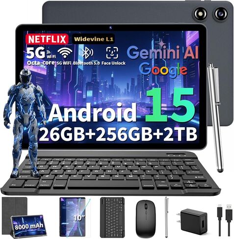 2026 10 Inch Tablet, Android 15 Tablet with Keyboard, 24GB RAM + 256GB ROM (2TB Expand), Tablets PC with 8-Core, Gemini AI, 5G WiFi, 8000mAh, BT5.0,GPS, 2-in-1 Tablets with Mouse, Case, Stylus (Black) in Saudi Arabia