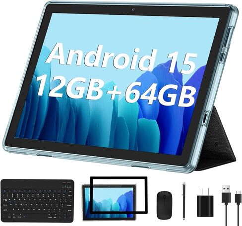 تابلت ECOPAD Android 15، تابلت 10 بوصة مع لوحة مفاتيح وماوس 12 جيجا بايت رام + 64 جيجا بايت روم + 1 تيرابايت، تابلت 2 في 1 مع واي فاي 6 / بلوتوث/GMS معتمد/شاشة لمس IPS، مجموعة سوداء in Kuwait