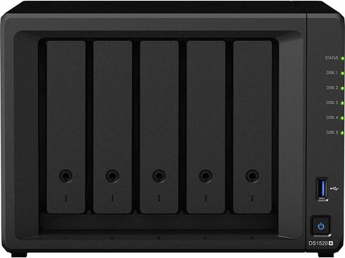 Synology DiskStation DS1520+ NAS Server مع وحدة المعالجة المركزية Celeron 2.0 جيجا هرتز، ذاكرة 8 جيجا بايت، تخزين 80 تيرابايت HDD، 1 تيرابايت M.2 NVMe SSD، 4 منافذ LAN 1 جيجابت، نظام تشغيل DSM in Saudi Arabia