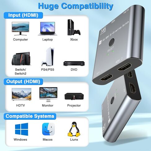 HDMI Switch Splitter 8K/16K, 2 in 1 Out HDMI Selector 4K@120HZ/240Hz 16K@30Hz/8K@60Hz Support DTS VRR HDR10+ Dolby, 48Gbps for Switch, PS5/4, Xbox, Roku, Firestick, TV etc. in Saudi Arabia