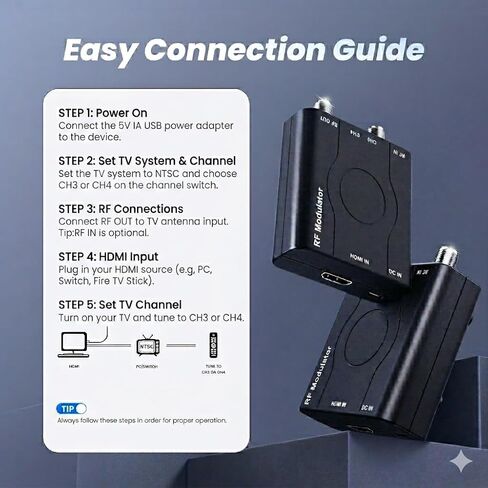 [ترقية] محول kurtmark HDMI إلى RF مع كابل HDMI 1.2 متر ومحول طاقة، محول Coax RF للتوصيل والتشغيل للتلفزيون، محول 1080P PLL للتحكم في مخرج NTSC CH3/CH4 RF لأجهزة تلفزيون الهوائي وأجهزة الألعاب in Kuwait