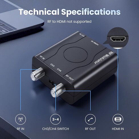 [ترقية] محول kurtmark HDMI إلى RF مع كابل HDMI 1.2 متر ومحول طاقة، محول Coax RF للتوصيل والتشغيل للتلفزيون، محول 1080P PLL للتحكم في مخرج NTSC CH3/CH4 RF لأجهزة تلفزيون الهوائي وأجهزة الألعاب in Kuwait
