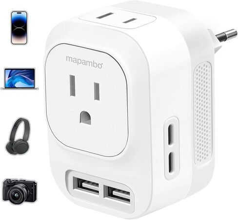 محول الجهد الكهربي من الولايات المتحدة إلى أوروبا مع منفذي USB A و2 USB C للشحن السريع، محول 220 فولت إلى 110 فولت لمجموعة محول الطاقة للسفر الأوروبي لألمانيا وفرنسا وإيطاليا وإسبانيا (أبيض) in Kuwait