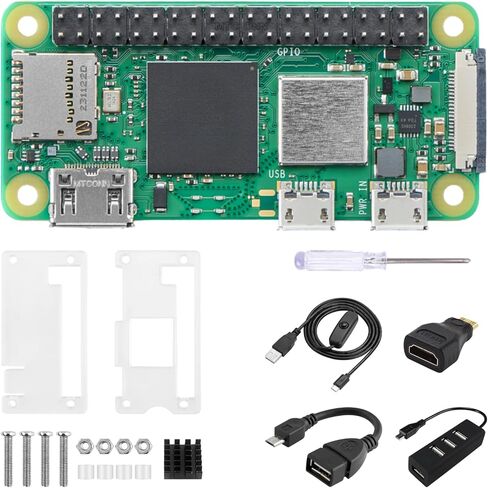 مجموعة Pi Zero 2 W - وحدة معالجة مركزية رباعية النواة بسرعة 1 جيجا هرتز، وذاكرة وصول عشوائي 512 ميجا بايت، وواي فاي وبلوتوث، وHDMI صغير، ومنفذ Micro USB، و40 دبوس GPIO، ومحور OTG، وكابل تبديل الطاقة، وحافظة، ومشتت حرارة وملحقات in Kuwait