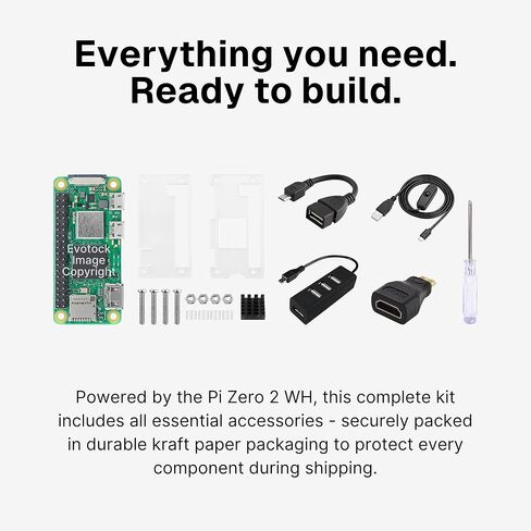 مجموعة Pi Zero 2 W - وحدة معالجة مركزية رباعية النواة بسرعة 1 جيجا هرتز، وذاكرة وصول عشوائي 512 ميجا بايت، وواي فاي وبلوتوث، وHDMI صغير، ومنفذ Micro USB، و40 دبوس GPIO، ومحور OTG، وكابل تبديل الطاقة، وحافظة، ومشتت حرارة وملحقات in Kuwait