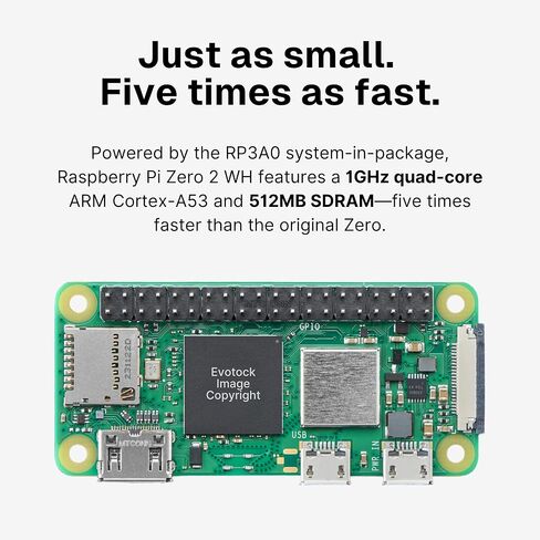 مجموعة Pi Zero 2 W - وحدة معالجة مركزية رباعية النواة بسرعة 1 جيجا هرتز، وذاكرة وصول عشوائي 512 ميجا بايت، وواي فاي وبلوتوث، وHDMI صغير، ومنفذ Micro USB، و40 دبوس GPIO، ومحور OTG، وكابل تبديل الطاقة، وحافظة، ومشتت حرارة وملحقات in Kuwait
