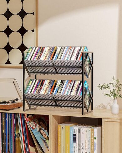 CD Storage 2-Tier Metal Rack, Holder with Adjustable Divider Organizer, Display Shelf, Store up to 80 CDs, Modern for Music Collection Enthusiasts Home in Saudi Arabia