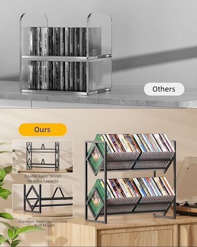 CD Storage 2-Tier Metal Rack, Holder with Adjustable Divider Organizer, Display Shelf, Store up to 80 CDs, Modern for Music Collection Enthusiasts Home in Saudi Arabia