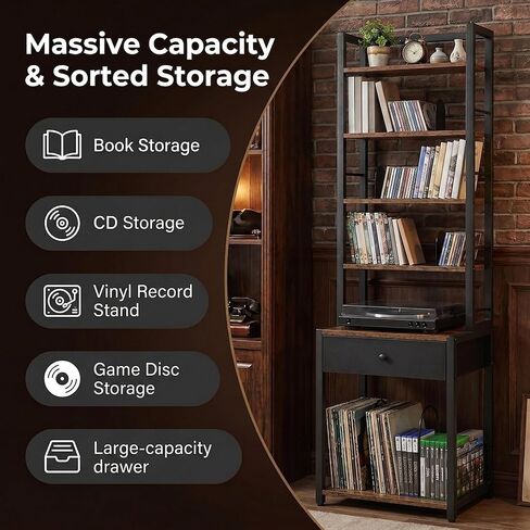 CD Storage Rack, 6-Tier DVD Organizer Shelf with Drawer & Adjustable Book Stoppers, Vinyl Record Holder &Multi-Purpose Media Organizer, Ideal for Living Room/Home Office,15.7x11.8x64.3Inch in Saudi Arabia