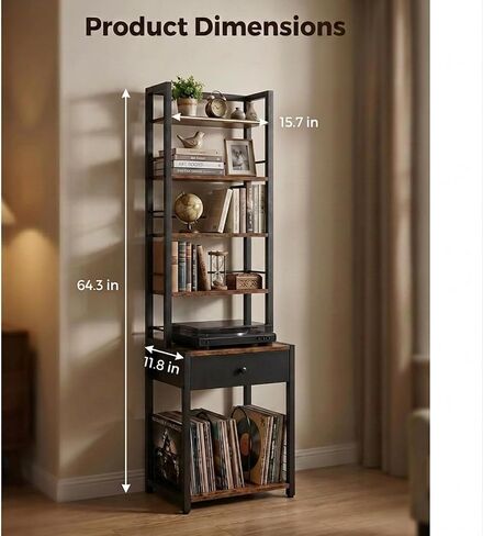 CD Storage Rack, 6-Tier DVD Organizer Shelf with Drawer & Adjustable Book Stoppers, Vinyl Record Holder &Multi-Purpose Media Organizer, Ideal for Living Room/Home Office,15.7x11.8x64.3Inch in Saudi Arabia