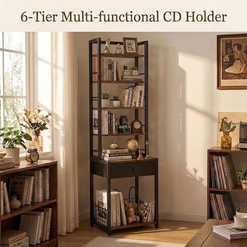 CD Storage Rack, 6-Tier DVD Organizer Shelf with Drawer & Adjustable Book Stoppers, Vinyl Record Holder &Multi-Purpose Media Organizer, Ideal for Living Room/Home Office,15.7x11.8x64.3Inch in Saudi Arabia