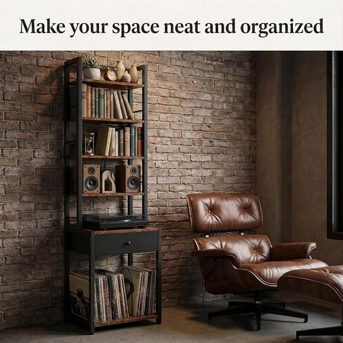 CD Storage Rack, 6-Tier DVD Organizer Shelf with Drawer & Adjustable Book Stoppers, Vinyl Record Holder &Multi-Purpose Media Organizer, Ideal for Living Room/Home Office,15.7x11.8x64.3Inch in Saudi Arabia