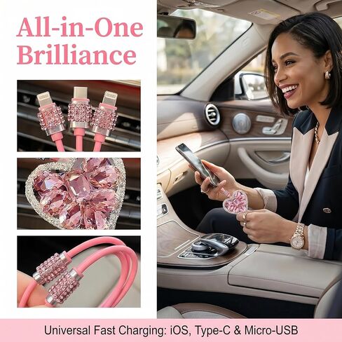 Pink Car Accessories, 3-in-1 Retractable Charging Cable with Rhinestone Heart Design, Multi-USB Cable for Cell Phone, Bling Pink Accessories for Car Office Travel (Pink) in Saudi Arabia