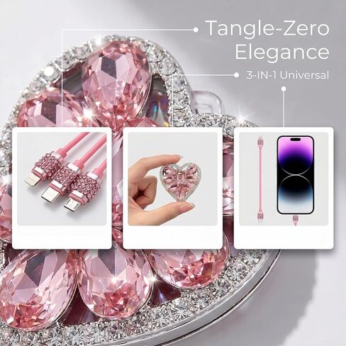 Pink Car Accessories, 3-in-1 Retractable Charging Cable with Rhinestone Heart Design, Multi-USB Cable for Cell Phone, Bling Pink Accessories for Car Office Travel (Pink) in Saudi Arabia
