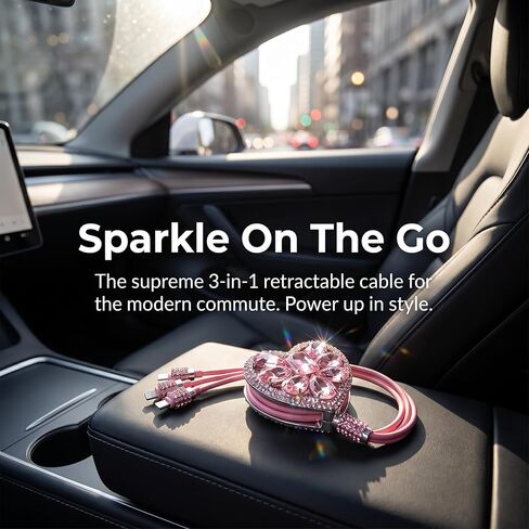 Pink Car Accessories, 3-in-1 Retractable Charging Cable with Rhinestone Heart Design, Multi-USB Cable for Cell Phone, Bling Pink Accessories for Car Office Travel (Pink) in Saudi Arabia