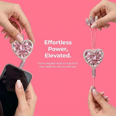 Pink Car Accessories, 3-in-1 Retractable Charging Cable with Rhinestone Heart Design, Multi-USB Cable for Cell Phone, Bling Pink Accessories for Car Office Travel (Pink) in Saudi Arabia