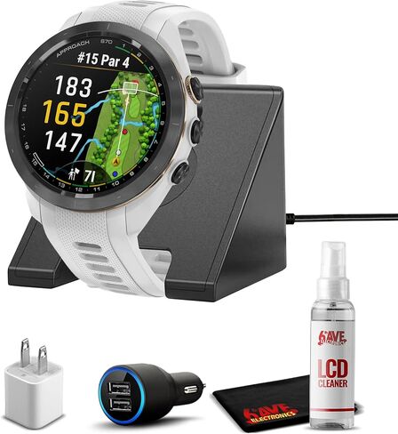 ساعة جولف Garmin Approach S70، مقاس 42 ملم، مزودة بنظام تحديد المواقع العالمي (GPS)، باللون الأبيض مع حامل شحن، ومحولات السيارة والجدار وأدوات التنظيف in Saudi Arabia