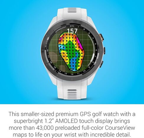 ساعة جولف Garmin Approach S70، مقاس 42 ملم، مزودة بنظام تحديد المواقع العالمي (GPS)، باللون الأبيض مع حامل شحن، ومحولات السيارة والجدار وأدوات التنظيف in Saudi Arabia
