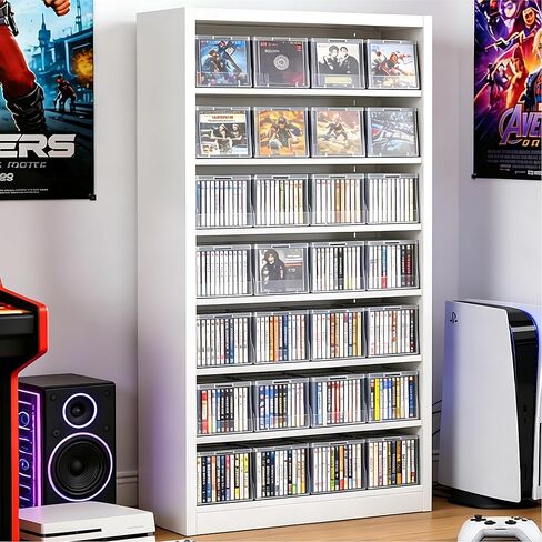 Metal DVD Storage Shelves, 7-Tier CD Storage Rack with Adjustable Shelves, DVD Organizer Shelf, Media Cabinet for CD Holder, Movies, Blu rays, Games for Living Room & Home Office (Black) in Saudi Arabia