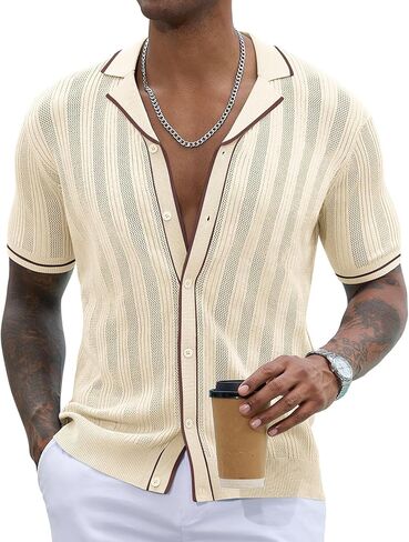 Men's Knit Button Down Shirt Short Sleeve Vintage Knitted Striped Summer Beach Tops S-XXL in Saudi Arabia