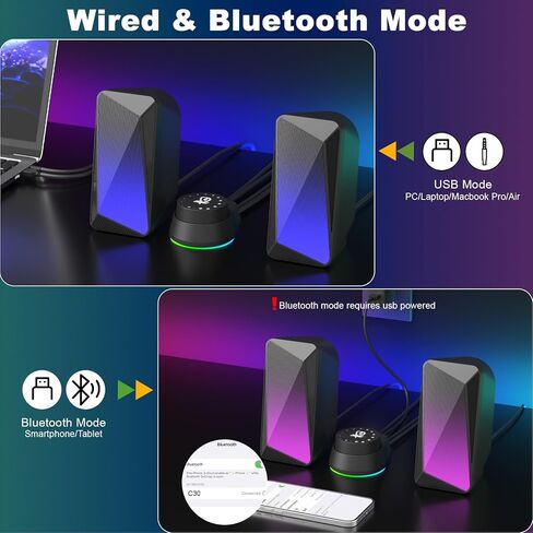 سماعات كمبيوتر بلوتوث SOULION C30، تعمل بمنفذ USB ومكبرات صوت AUX مقاس 3.5 مم مع جراب سهل التحكم، ومكبرات صوت للألعاب مع أضواء لهب نابضة وLED لشاشة Laotop Desktop، أسود in Kuwait