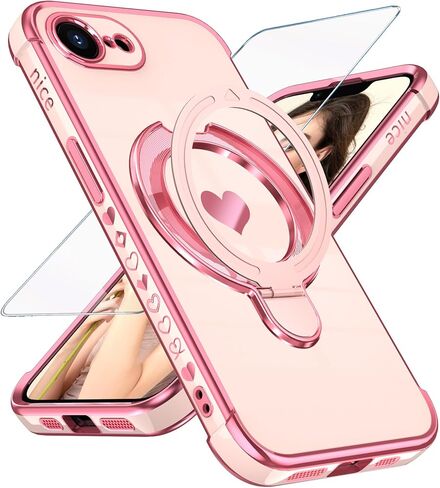 حافظة هاتف iPhone 17e/16e Cute Love Heart Kickstand للنساء والفتيات مع واقي شاشة: حافة ذهبية فاخرة مطلية بطبقة رقيقة من مادة TPU غطاء حماية كامل للكاميرا لهاتف iPhone 17E/16E (وردي) in Kuwait