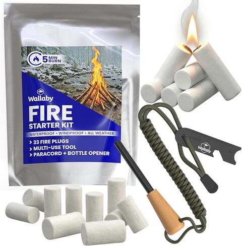 مجموعة Wallaby Fire Starter - 33 قابسًا مقاومًا للماء في علبة معدنية + أدوات متعددة لقضيب الصوان، دليل بقاء الجيب، حقيبة تخزين مايلر محكمة الغلق - التخييم، الطوارئ، الشواية، حفرة النار in Kuwait