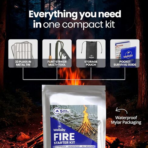 مجموعة Wallaby Fire Starter - 33 قابسًا مقاومًا للماء في علبة معدنية + أدوات متعددة لقضيب الصوان، دليل بقاء الجيب، حقيبة تخزين مايلر محكمة الغلق - التخييم، الطوارئ، الشواية، حفرة النار in Kuwait