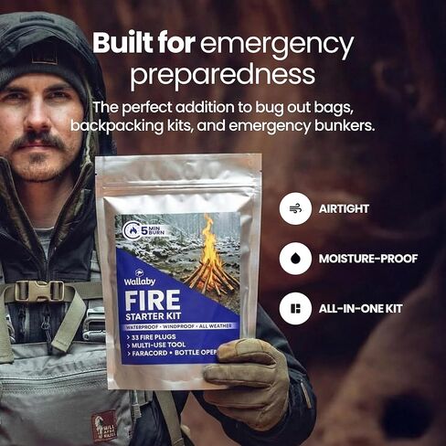 مجموعة Wallaby Fire Starter - 33 قابسًا مقاومًا للماء في علبة معدنية + أدوات متعددة لقضيب الصوان، دليل بقاء الجيب، حقيبة تخزين مايلر محكمة الغلق - التخييم، الطوارئ، الشواية، حفرة النار in Kuwait