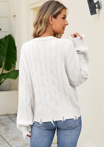 Women's Distressed Cable Knit Sweaters 2025 Oversized Casual Pullover Tops in Saudi Arabia