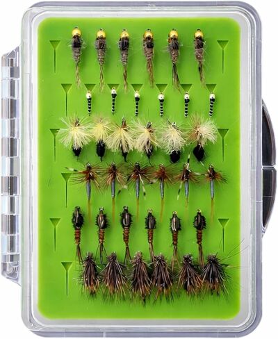 36PCS Barbless & Barbed Fly Fishing Flies Assortment, Mixed Hooks Dry Wet Flies for Trout, Adams Elk Hair Caddis Zebra Midge Nymph Patterns in Saudi Arabia